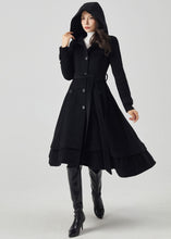 Load image into Gallery viewer, Hooded Wool Coat Women, Black Wool Coat C3560
