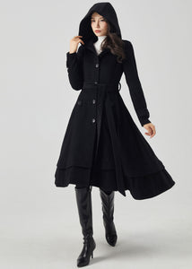 Hooded Wool Coat Women, Black Wool Coat C3560