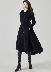 Hooded Wool Coat Women, Black Wool Coat C3560