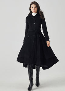 Hooded Wool Coat Women, Black Wool Coat C3560