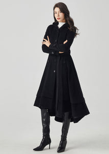 Hooded Wool Coat Women, Black Wool Coat C3560