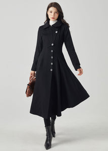 Black Hooded Long Wool Coat C4330