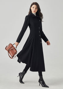 Black Hooded Long Wool Coat C4330