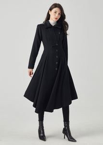 Black Hooded Long Wool Coat C4330