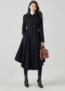 Black Hooded Long Wool Coat C4330