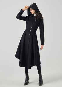 Black Hooded Long Wool Coat C4330