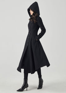 Black Hooded Long Wool Coat C4330