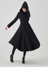 Load image into Gallery viewer, Black Wool Coat, Long Wool Coat, Hooded Wool Coat C3562
