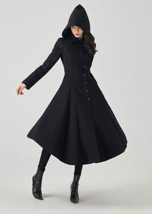 Black Wool Coat, Long Wool Coat, Hooded Wool Coat C3562