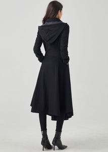 Black Hooded Long Wool Coat C4330