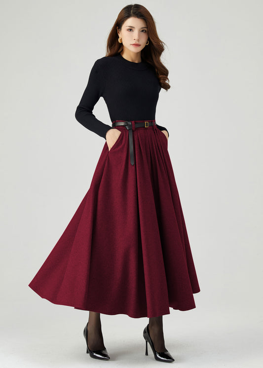 Gray Pleated Long Wool Skirt C5210