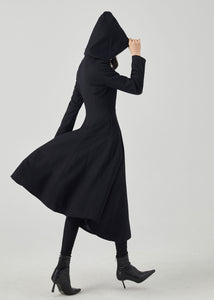 Black Hooded Long Wool Coat C4330