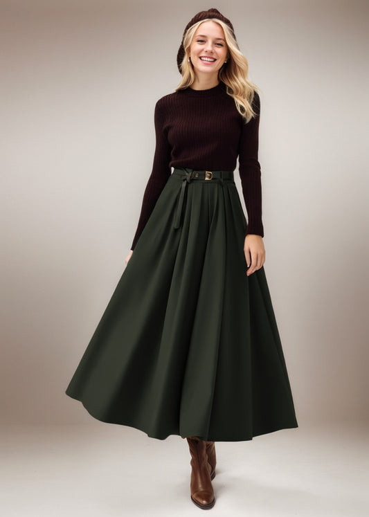 Womens Green Pleated Wool Skirt C4525