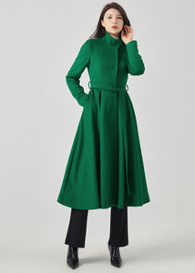 Green fit and flare long wool Coat C4331