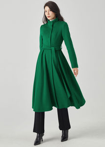 Green Wool Coat, Fit and Flare Coat, Long Wool Coat C3563