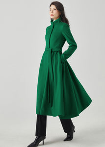 Green fit and flare long wool Coat C4331