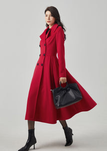 Red Wool Coat, Wool Princess Coat, Double Breasted Wool Coat C3565