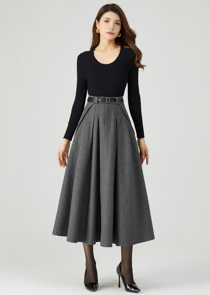 Gray Midi Wool Skirt Women C3553