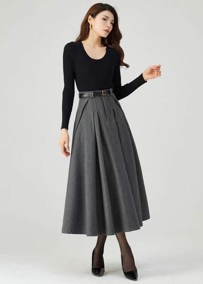 Gray Midi Wool Skirt Women C3553