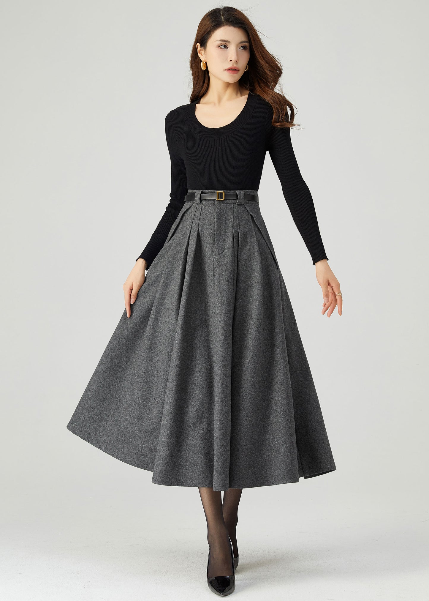 Gray Midi Wool Skirt Women C3553