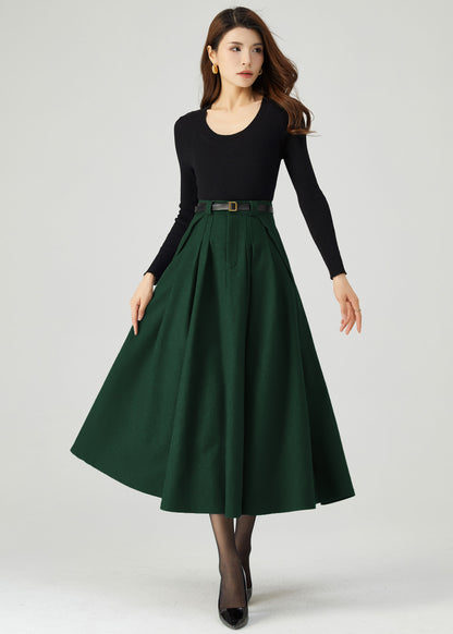 Dark Green Wool Midi Skirt Women C4514