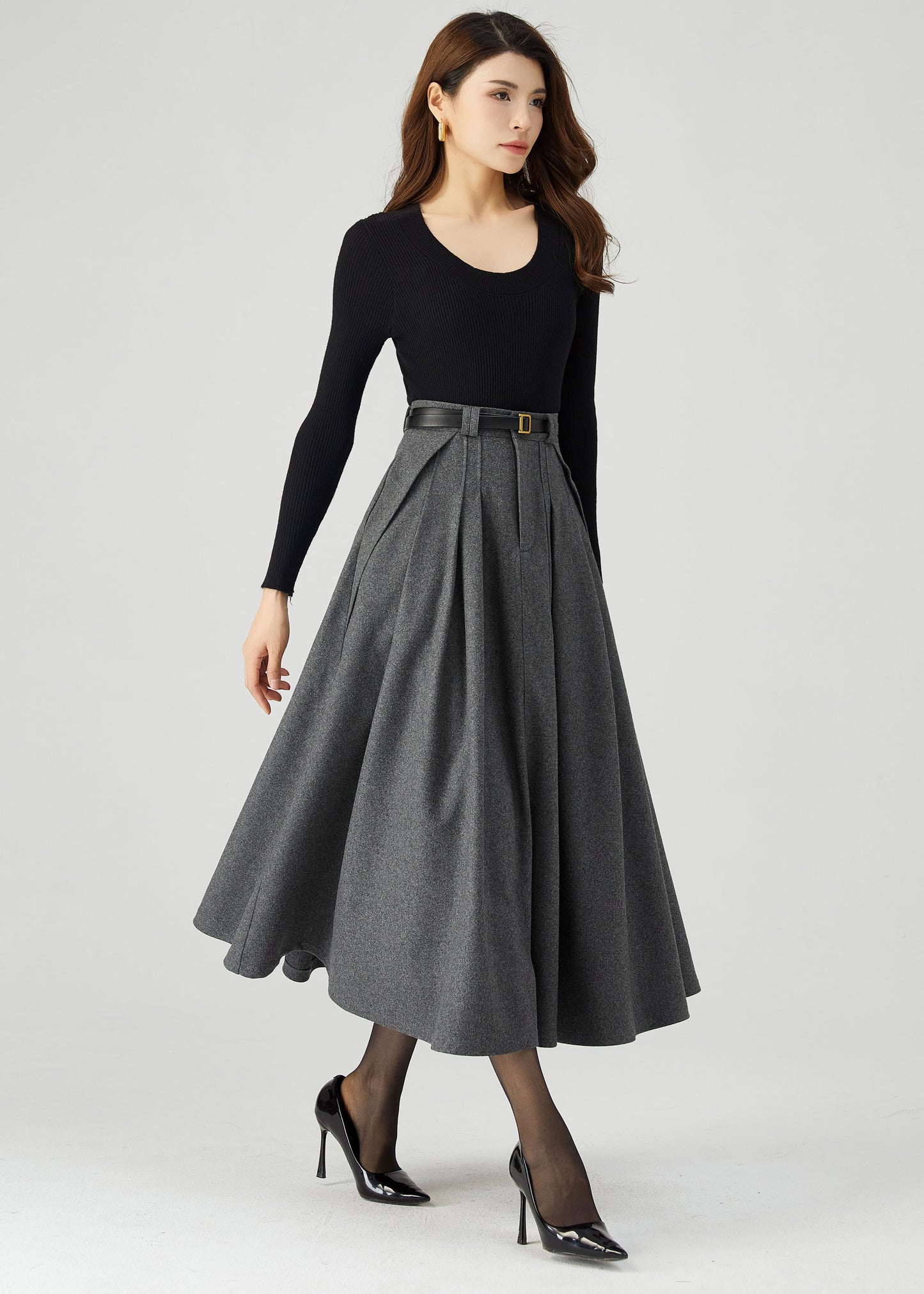 Gray Midi Wool Skirt Women C3553