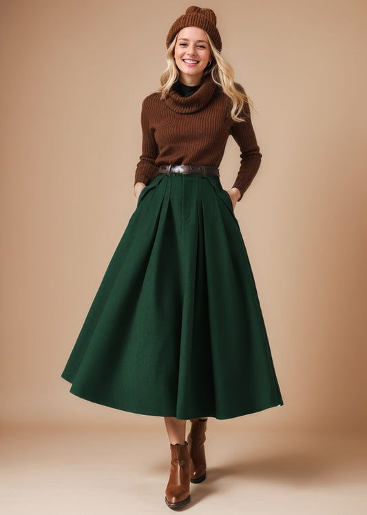 Dark Green Wool Midi Skirt Women C4514