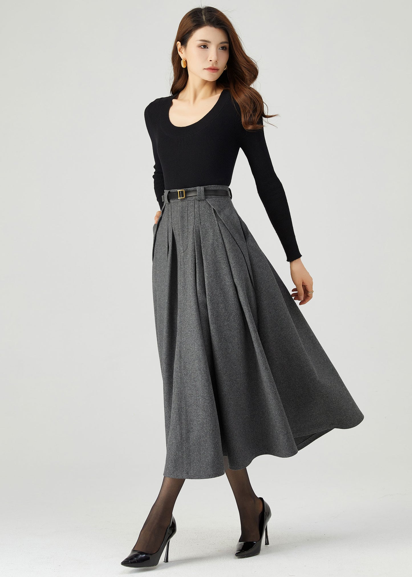 Gray Midi Wool Skirt Women C3553