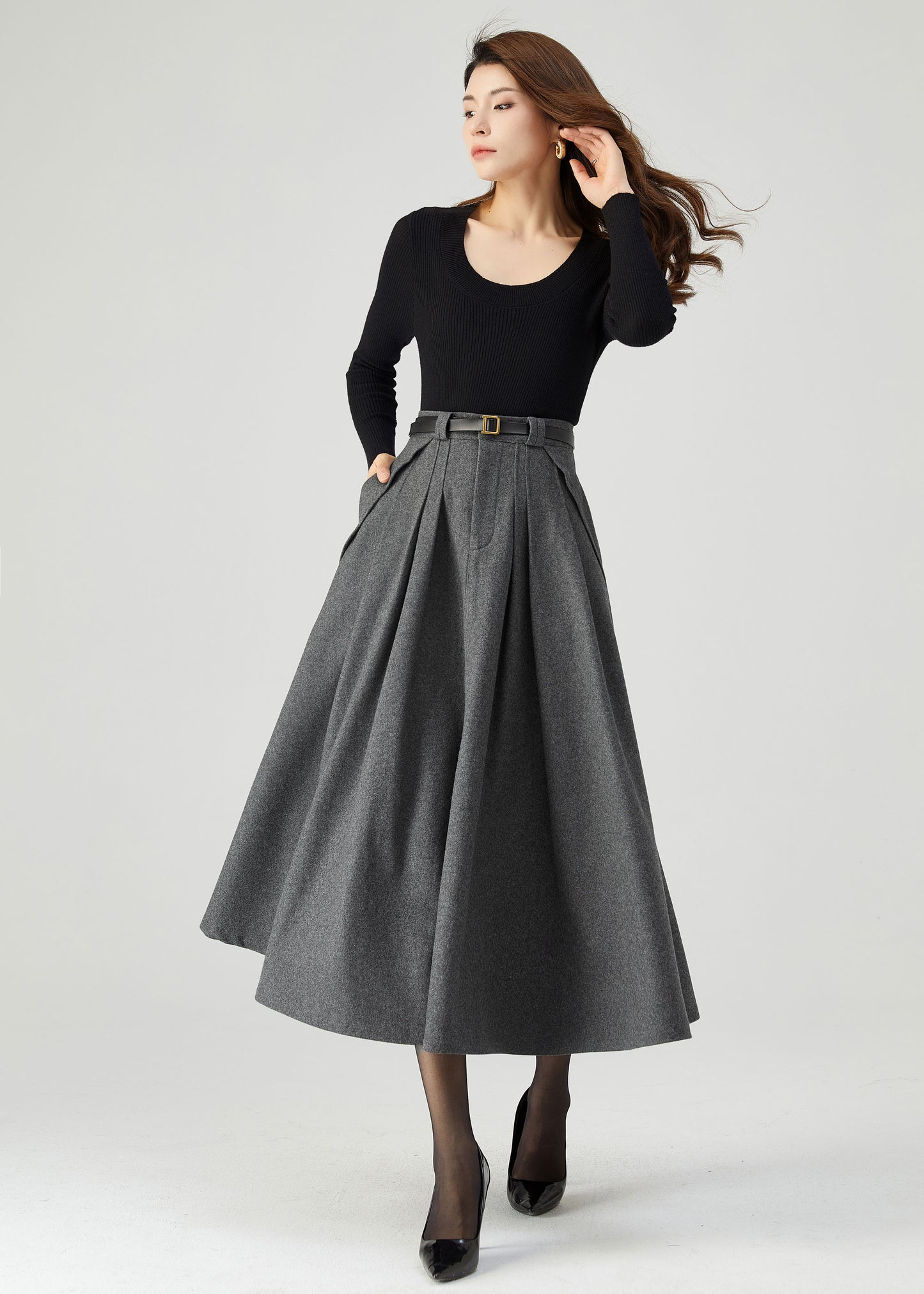 Gray Midi Wool Skirt Women C3553