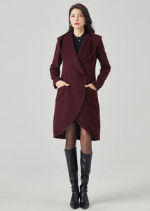 Hooded Wool Coat, Wool Coat Women, Asymmetrical Wrap Coat C3567