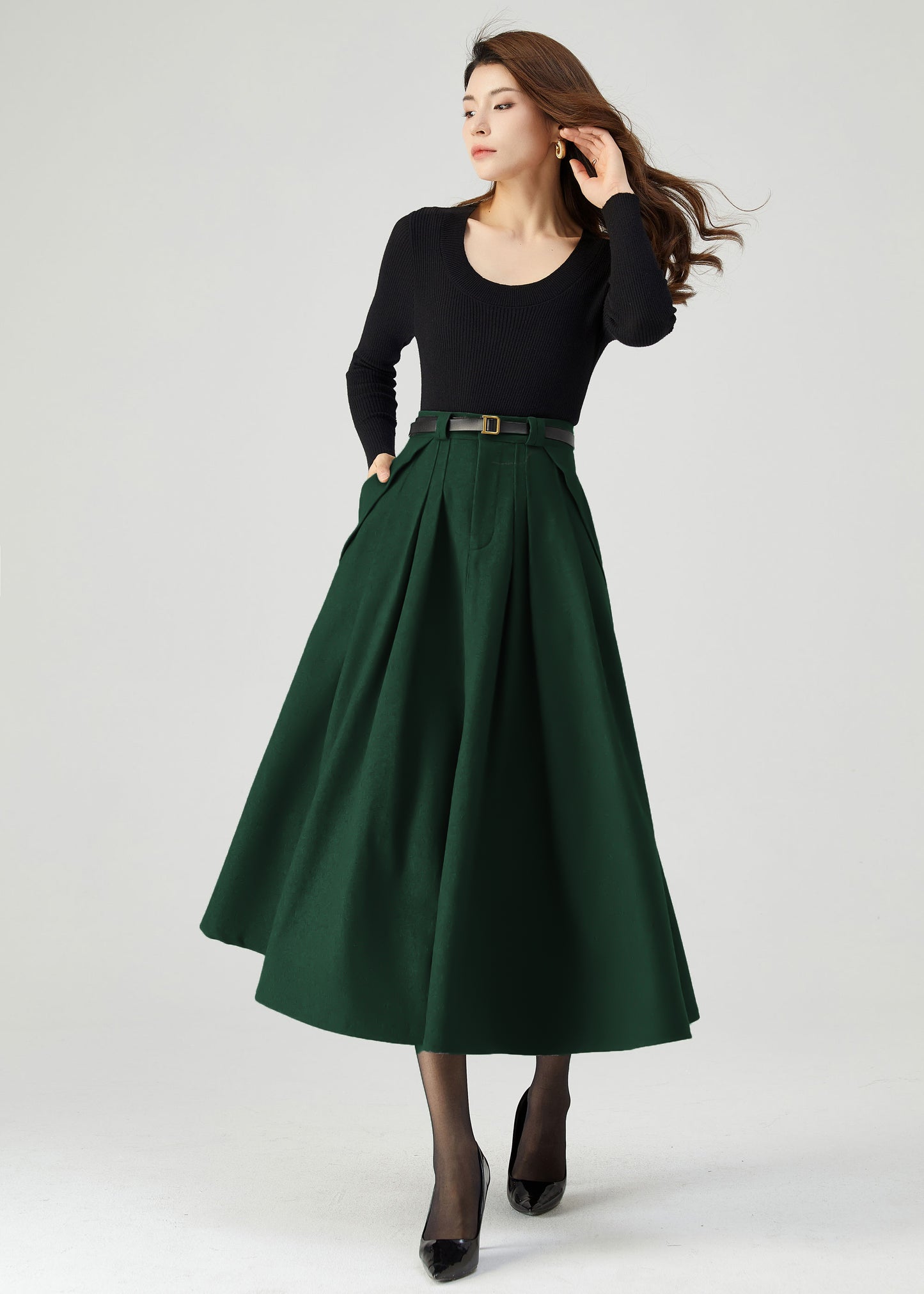 Dark Green Wool Midi Skirt Women C4514