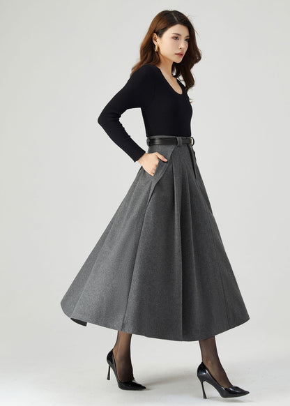 Gray Midi Wool Skirt Women C3553