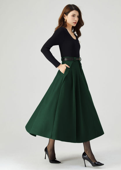 Dark Green Wool Midi Skirt Women C4514