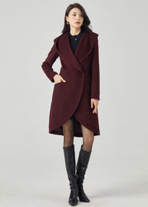 Hooded Wool Coat, Wool Coat Women, Asymmetrical Wrap Coat C3567