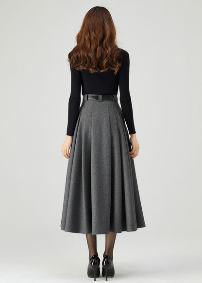 Gray Midi Wool Skirt Women C3553