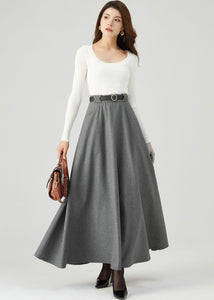 Long Wool Skirt, Gray Wool Skirt C3555