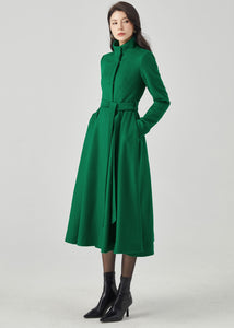 Green fit and flare long wool Coat C4331