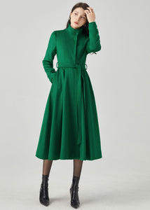 Green fit and flare long wool Coat C4331