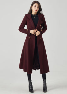 Double Breasted Wool Coat, Hooded Coat C3569