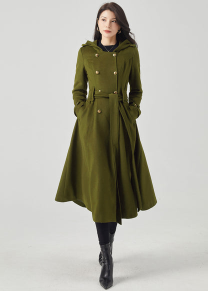 Army Green Double Breasted Hooded Wool Coat C4515
