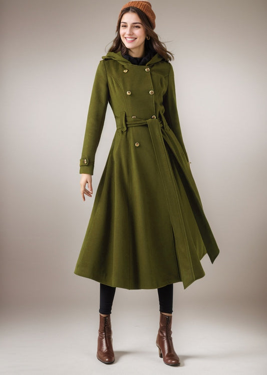 Army Green Double Breasted Hooded Wool Coat C4515