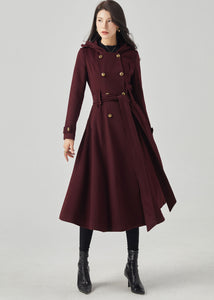 Double Breasted Wool Coat, Hooded Coat C3569