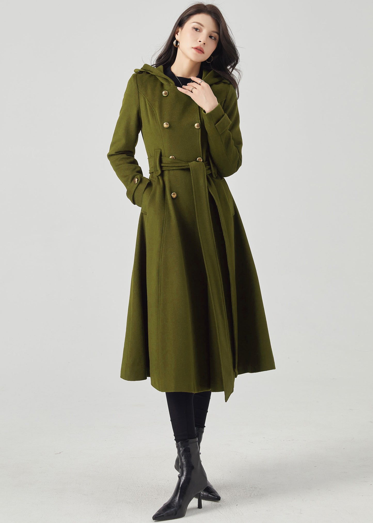 Army Green Double Breasted Hooded Wool Coat C4515