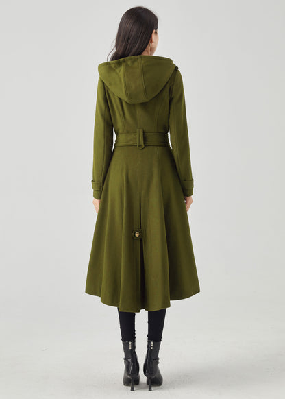 Army Green Double Breasted Hooded Wool Coat C4515