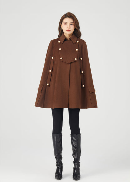 Brown winter wool cape coat women C3685