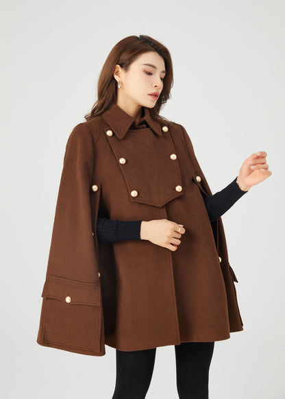 Brown winter wool cape coat women C3685