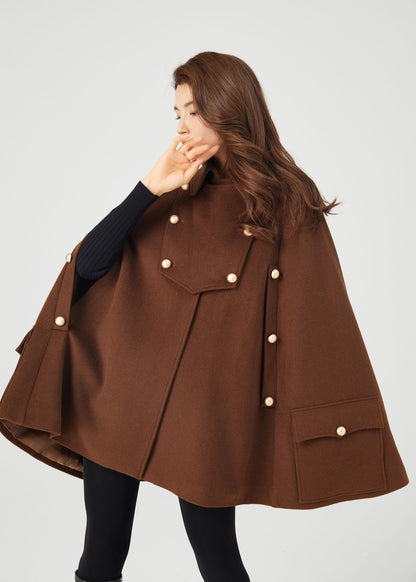 Brown winter wool cape coat women C3685