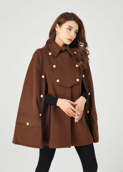 Brown winter wool cape coat women C3685