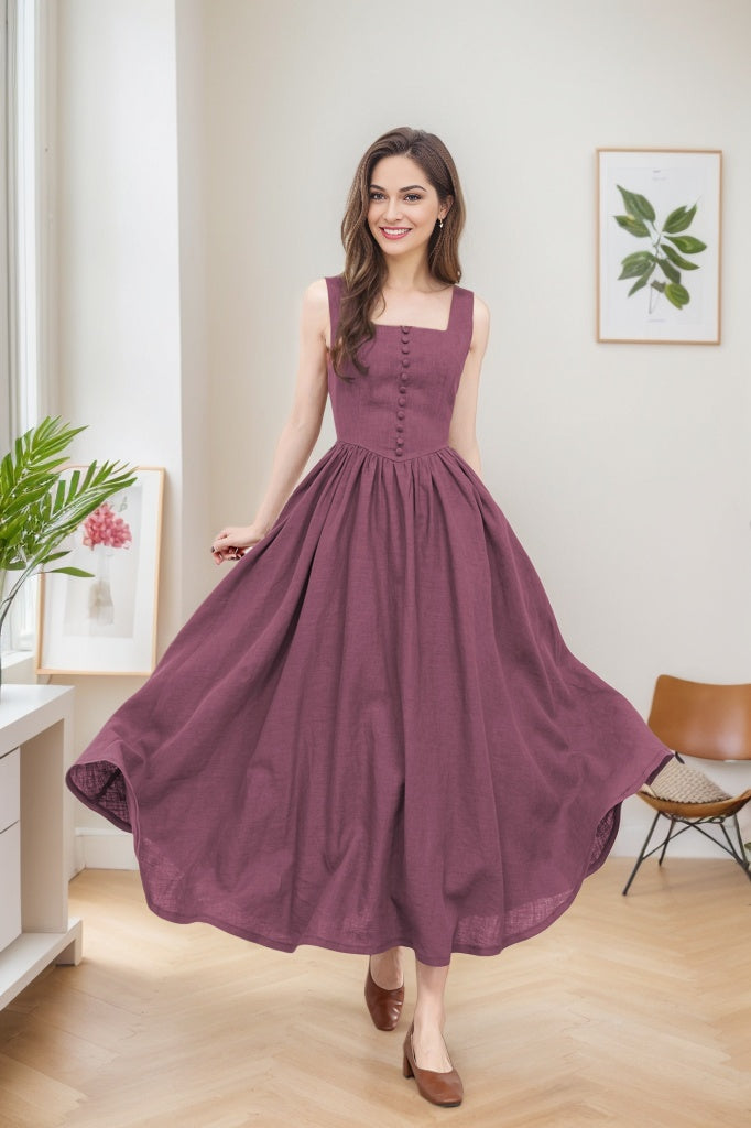 maxi pinafore dress Purple Linen with Fitted Waist and Buttons Purple / XS Size:6 CAN-USA She is wearing the Cowl Neck Spaghetti Strap Azalea Christening Gown