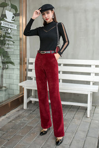 Red Corduroy Pants, High waist Long Corduroy Pants C2547，Size M #CK2101481